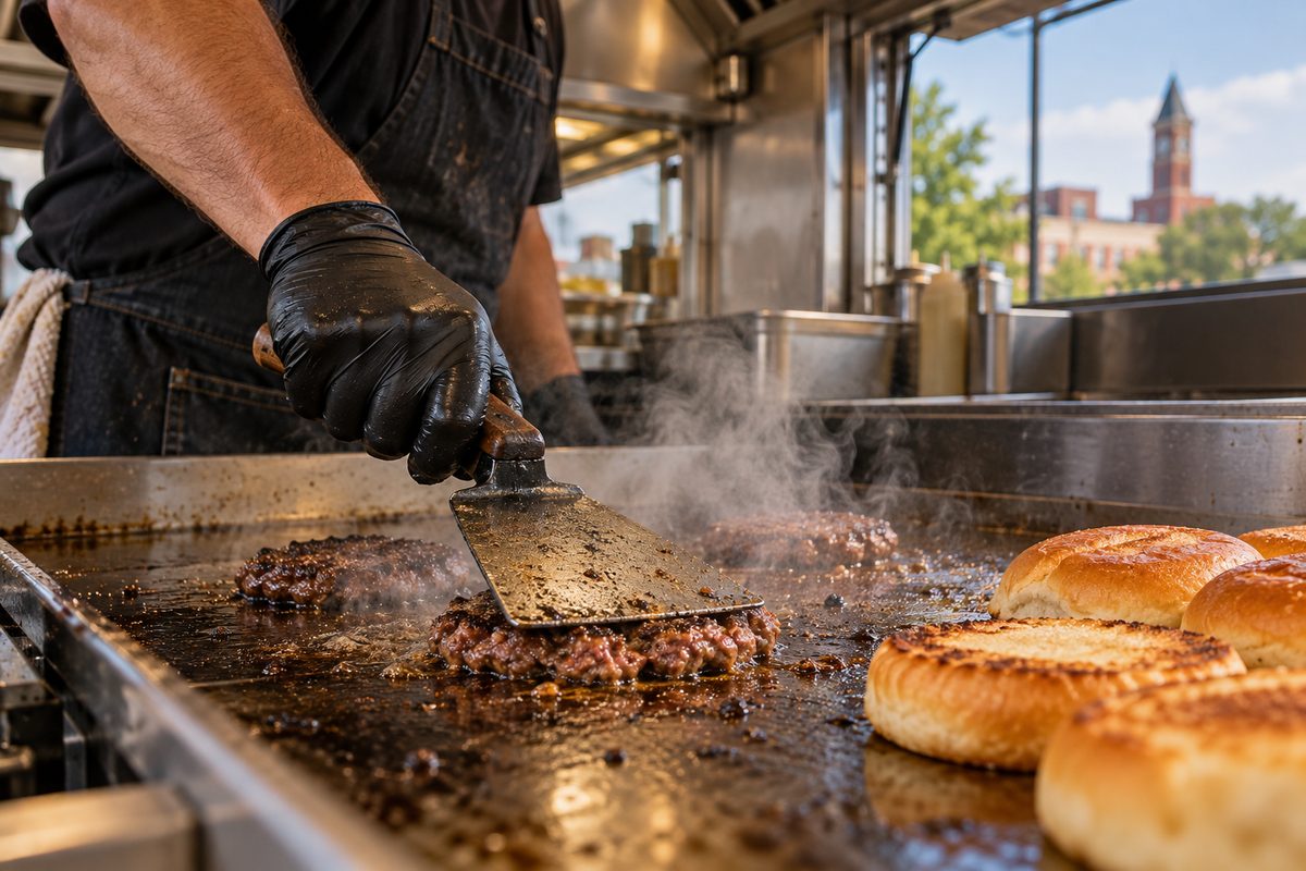 Chef searing fresh patties on the hot commercial flat-top griddle inside the mobile kitchen unit