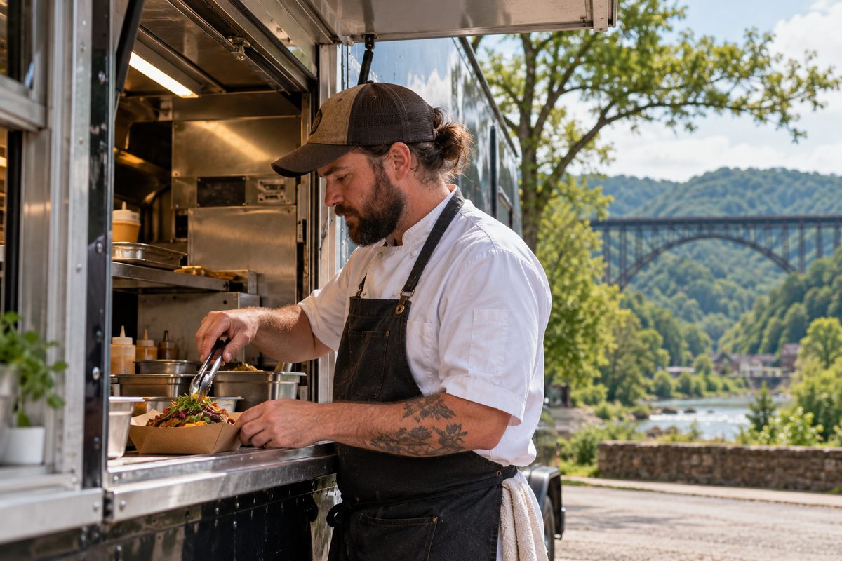The head chef and operator standing beside the 304 Mobile Food Service mobile kitchen in Fayetteville, WV