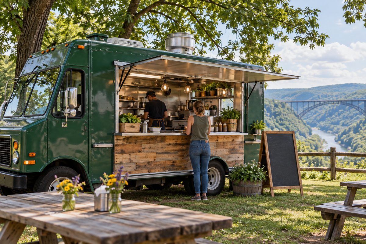 The 304 Mobile Food Service truck set up and ready to serve at an outdoor event in Fayetteville, West Virginia