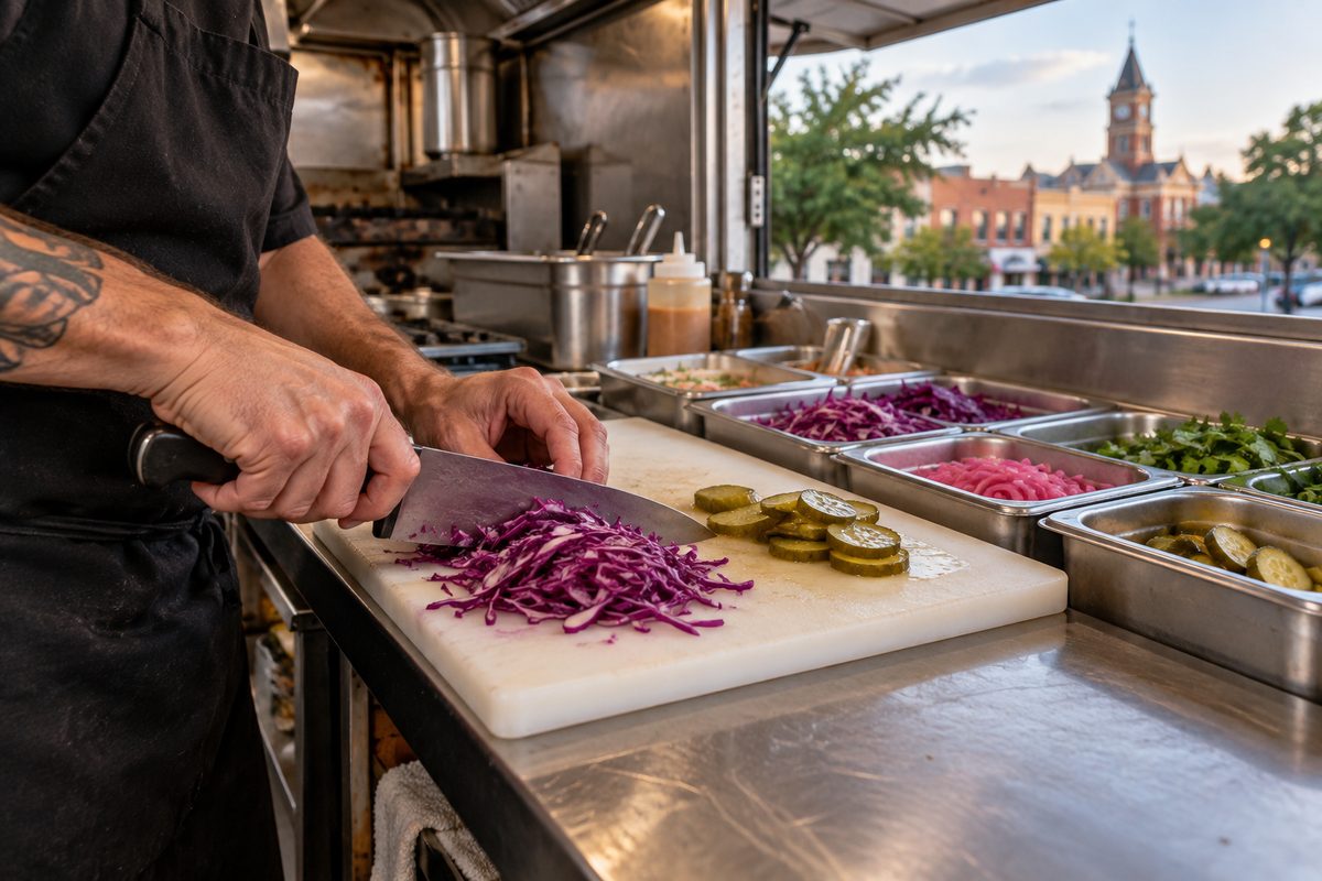 Fresh vegetable and garnish preparation on the stainless steel prep counter inside the mobile food truck