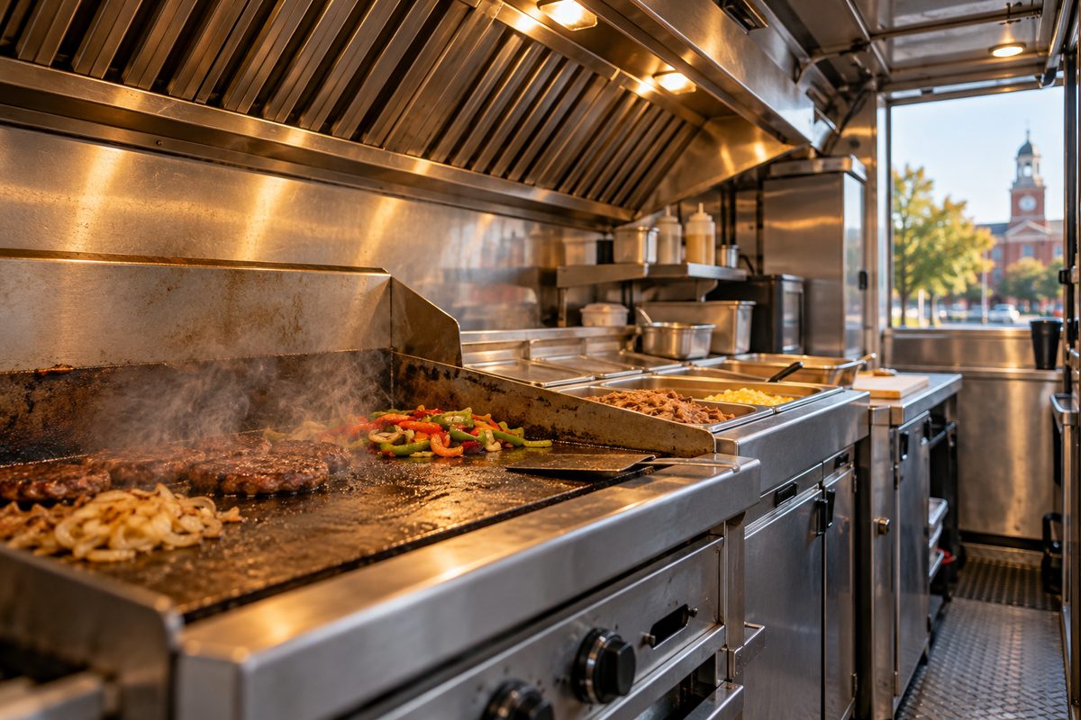 High-capacity commercial cooking equipment and steam holding wells inside the mobile food truck kitchen