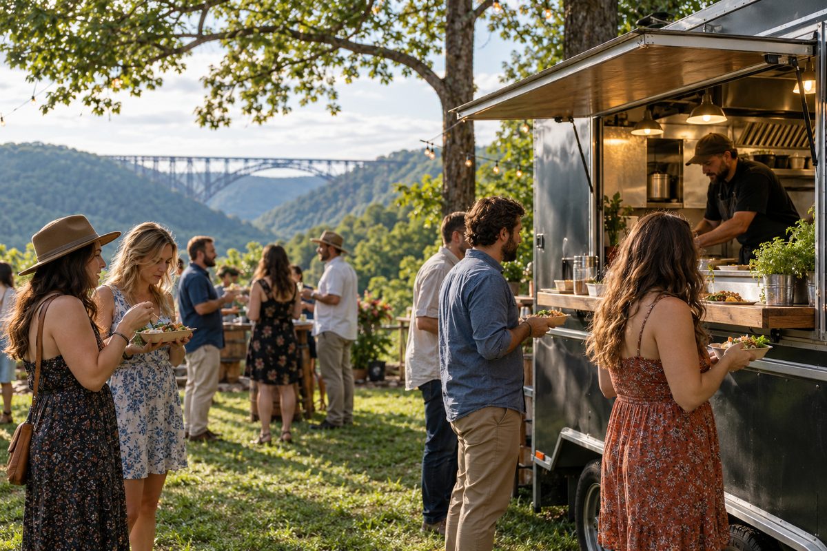 Private event guests gathering around the food truck hatch counter during an exclusive buyout service
