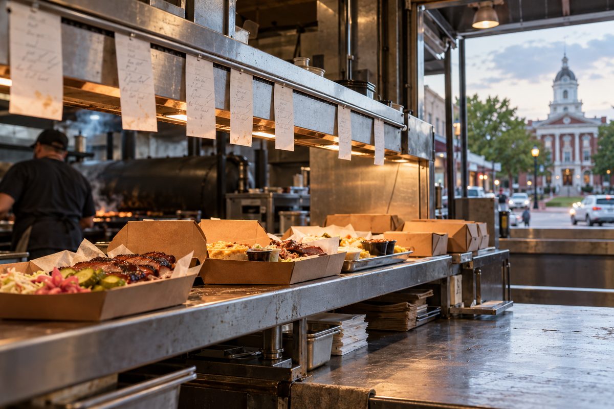 Kitchen ticket order rail and freshly prepared meals lined up at the food truck service window pass