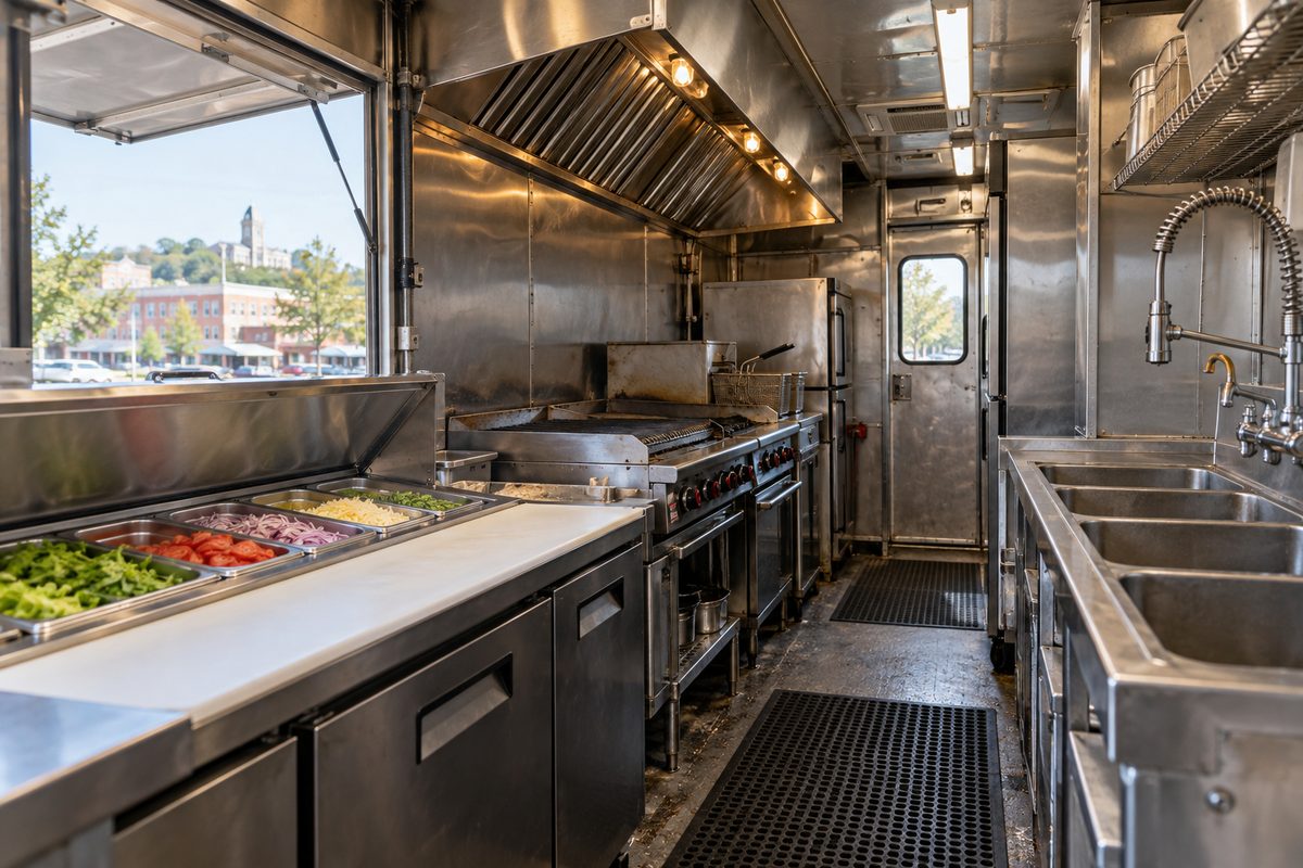 Immaculate stainless steel commercial kitchen line and sanitation station inside the mobile food truck unit